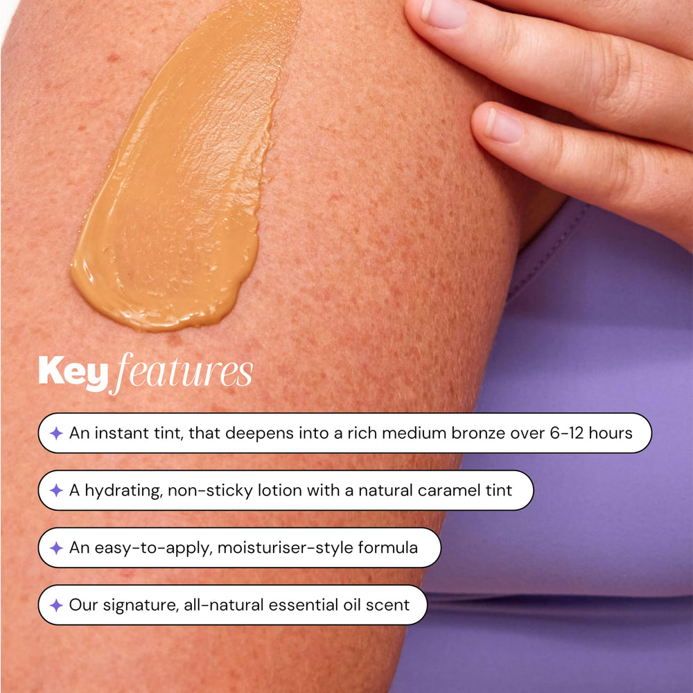 Luna Bronze lotion texture close-up highlighting smooth moisturizing finish