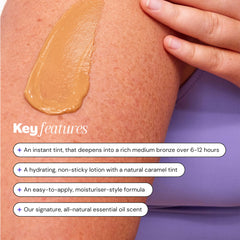 Luna Bronze lotion texture close-up highlighting smooth moisturizing finish