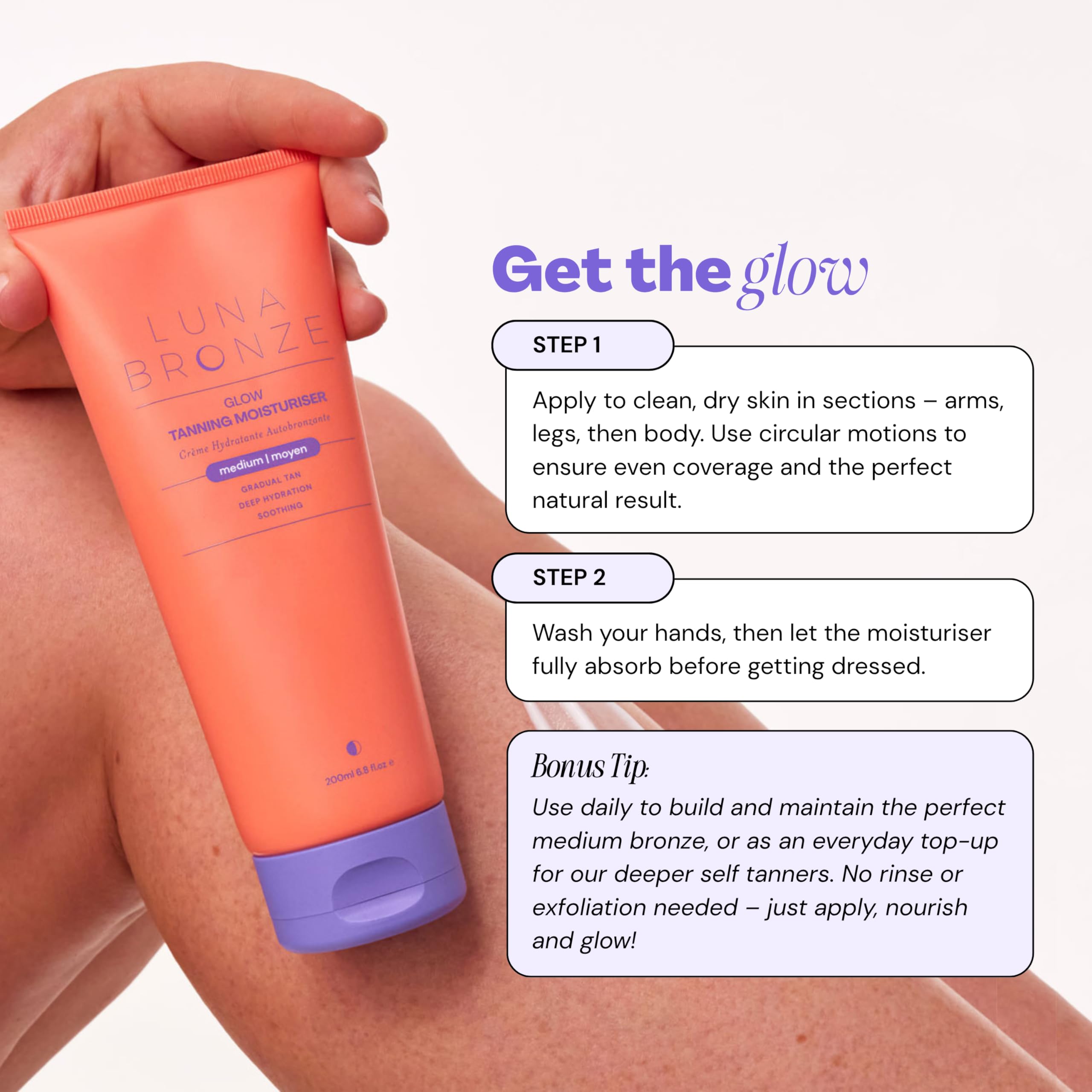 Luna Bronze bottle next to hand showing product size and portability