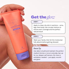 Luna Bronze bottle next to hand showing product size and portability