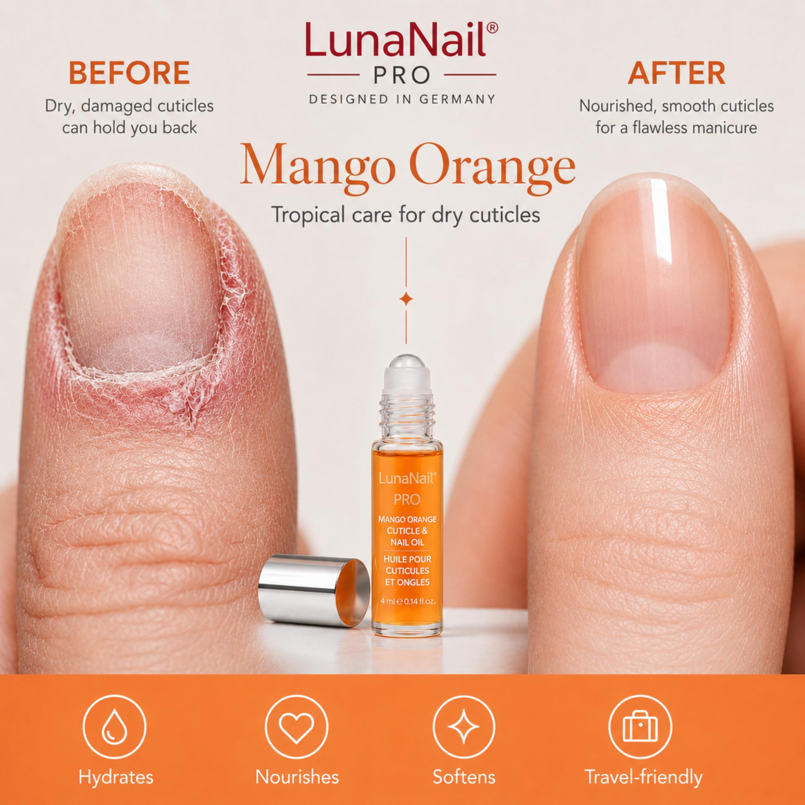 Close-up of LunaNail glass roller applicator providing precise, mess-free application