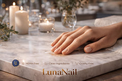 LunaNail ingredients flatlay with jojoba and vitamin E for nourishing care