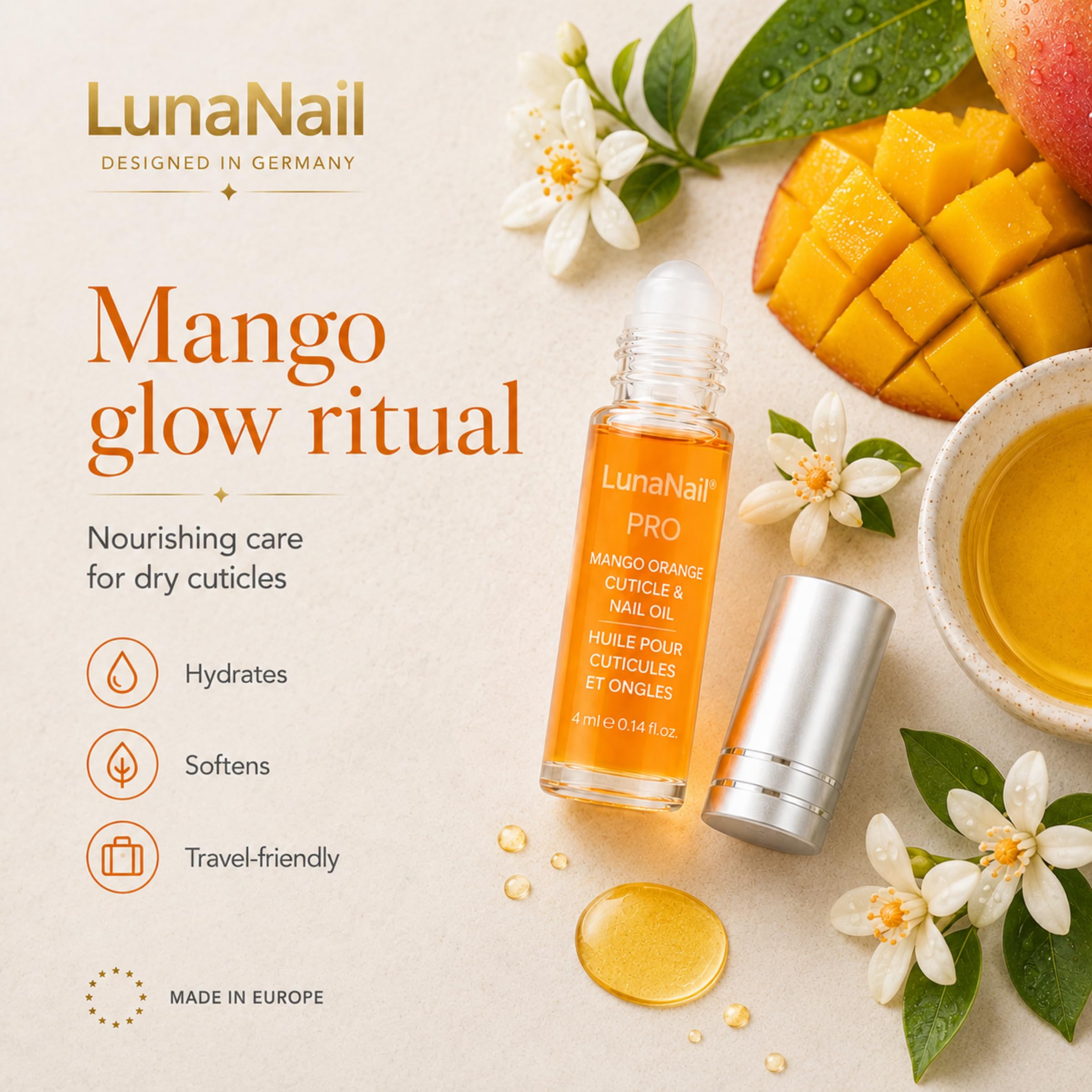 Small oil drop from LunaNail on skin highlighting quick absorption benefit