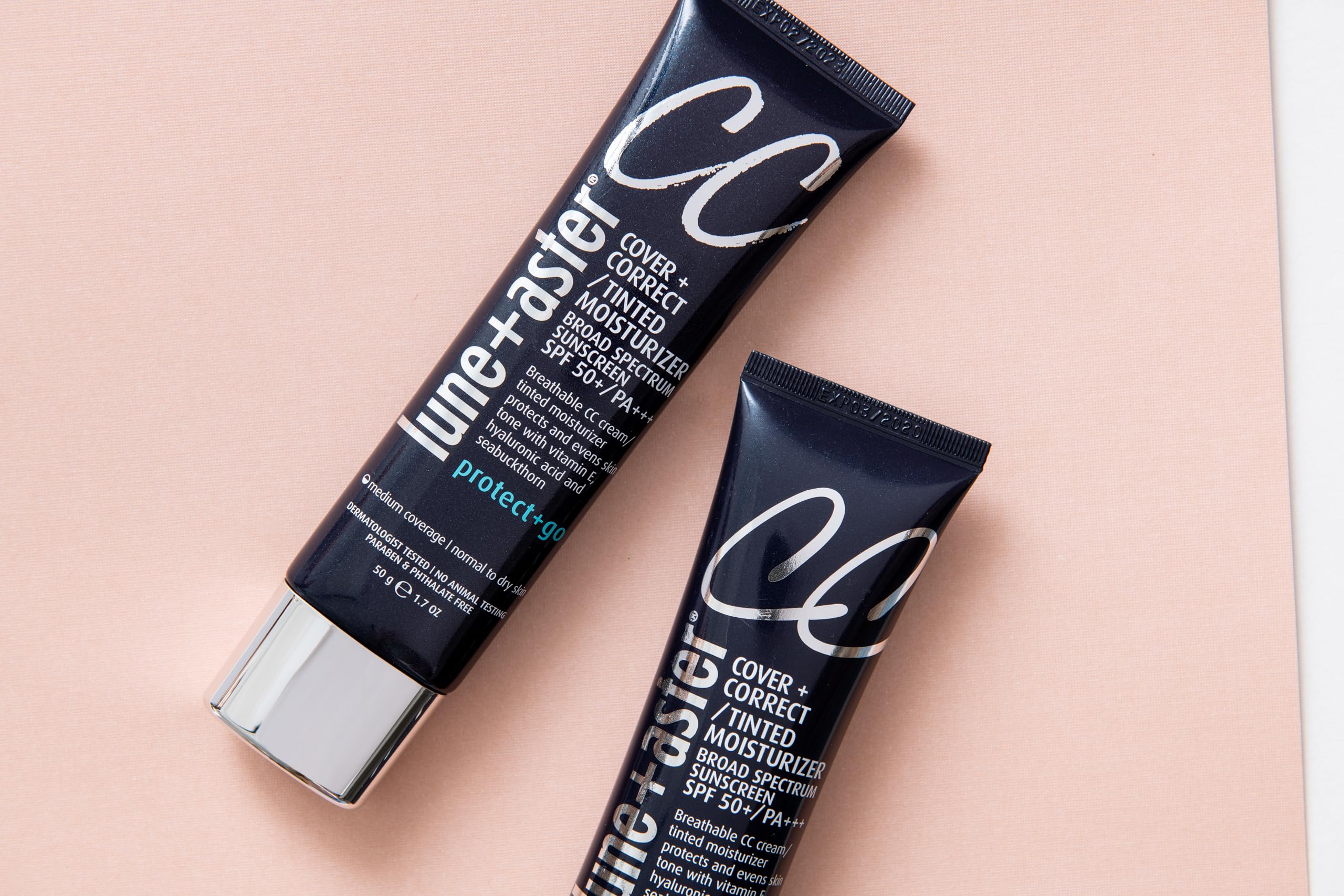 Lune+Aster label close-up revealing SPF 50 and vegan claim