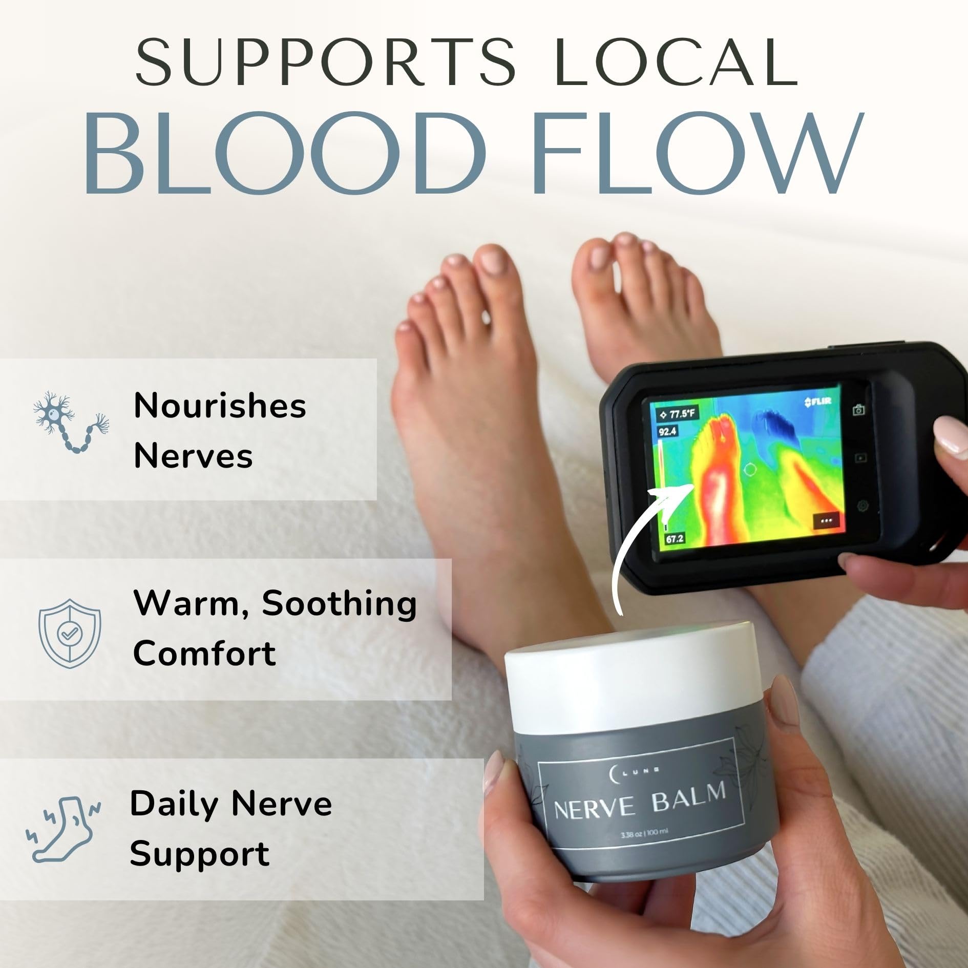 Lune nerve balm in use on foot illustrating targeted application and calming comfort
