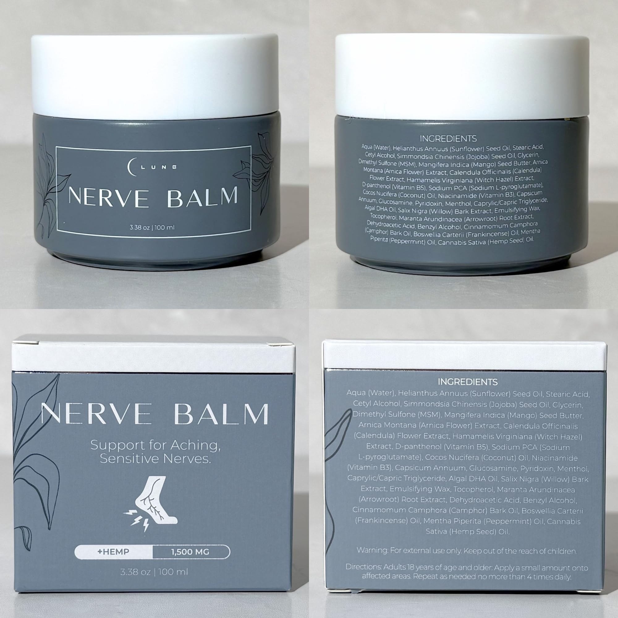 Lune nerve balm ingredient label detail focusing on key botanicals for transparency