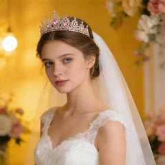 Lunimbus tiara worn by bride demonstrating styling with wedding hair for timeless look
