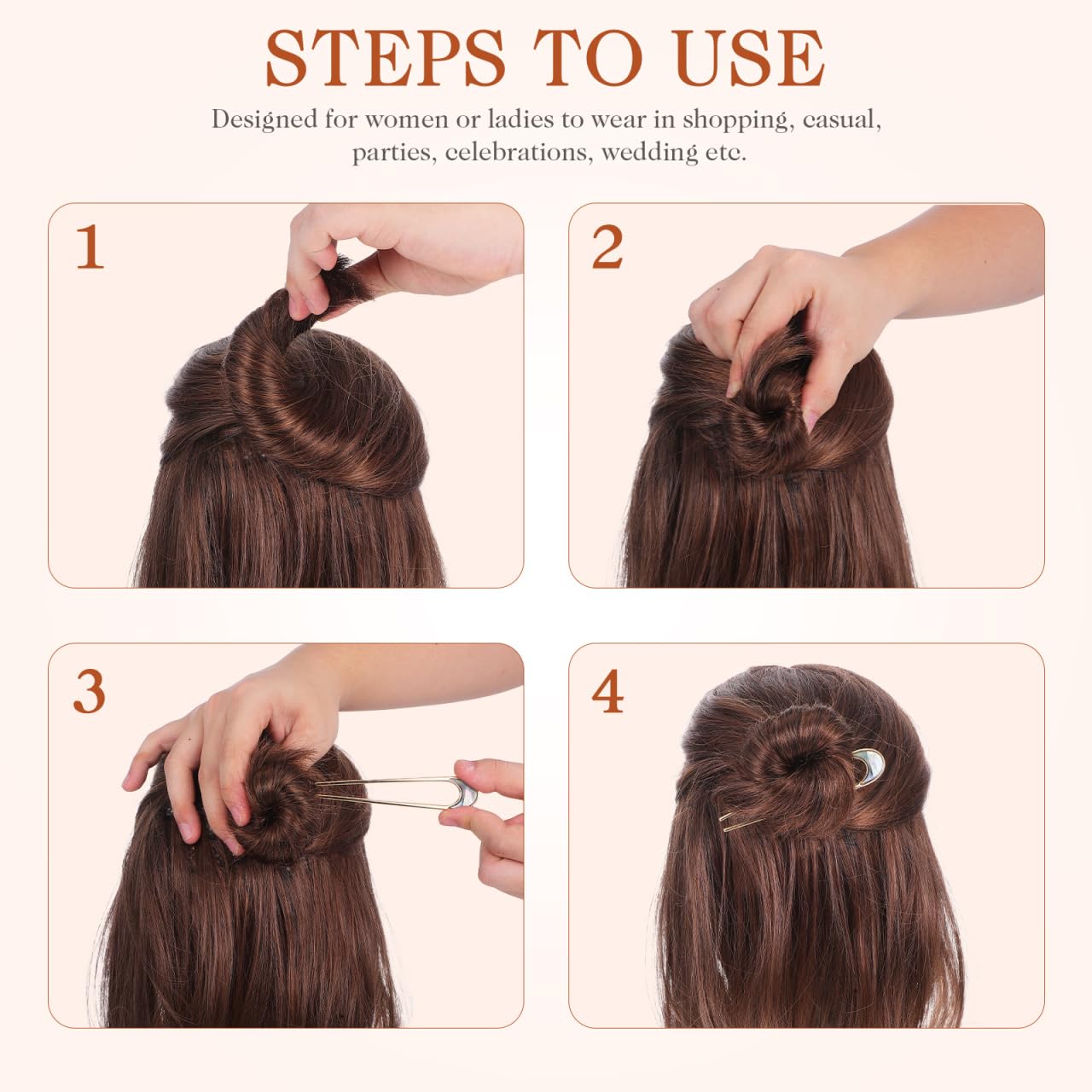 Lurrose hair sticks in use securing a bun for long-lasting comfort