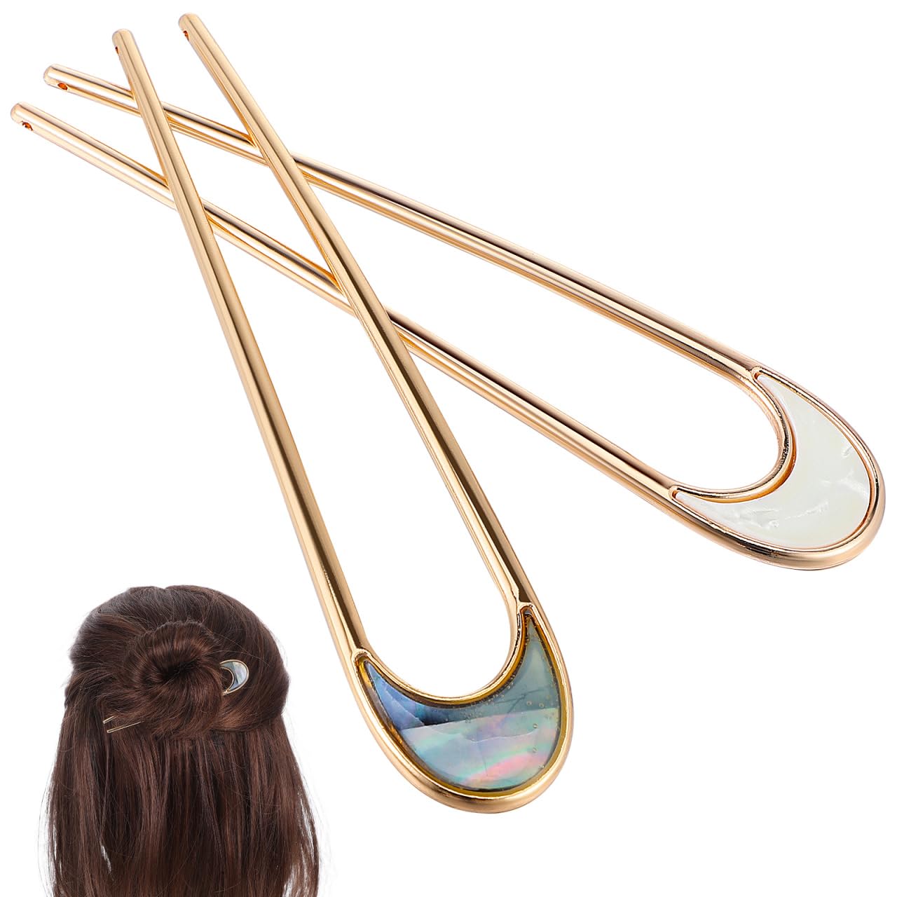 Lurrose metal hair sticks front view shows elegant moon motif and secure hold