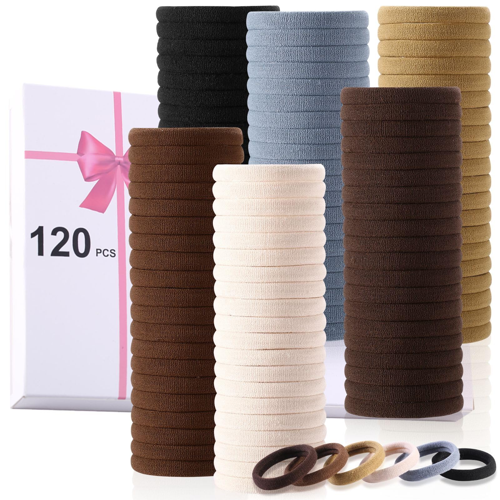 LuSeren front packaging showing 120-piece neutral hair ties and benefit durable supply