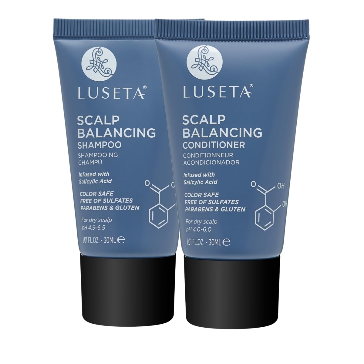 Close-up Luseta bottle label highlighting ingredient list and pH-balanced claim for trust