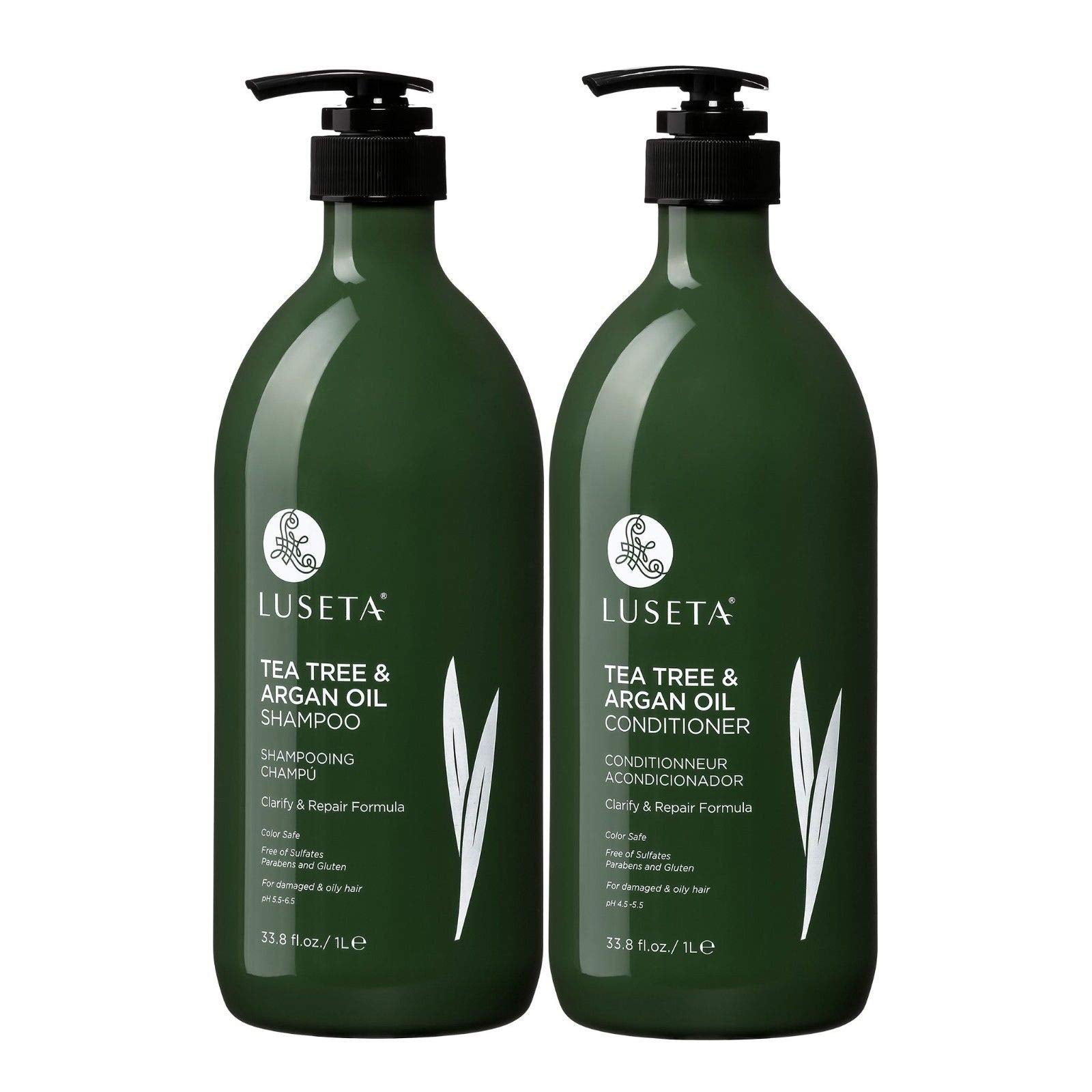 Luseta front bottles showing tea tree set and calming peppermint scent benefits