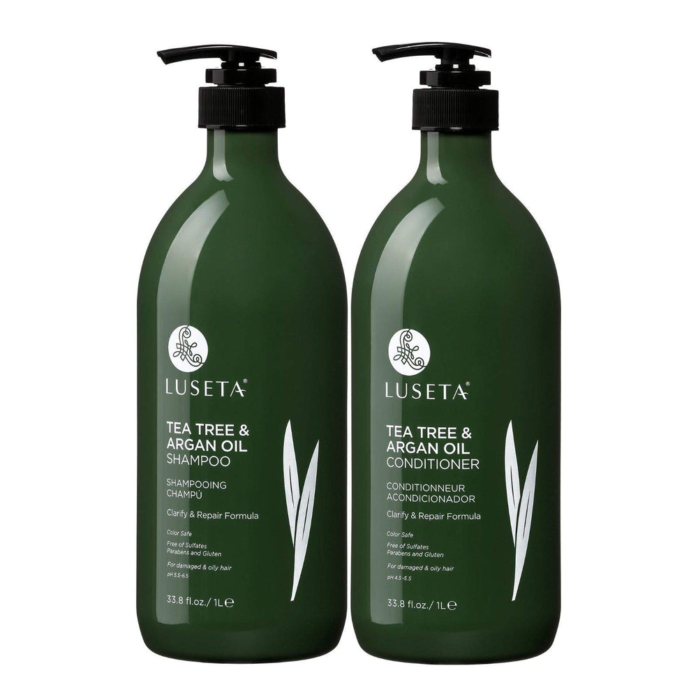 Luseta front bottles showing tea tree set and calming peppermint scent benefits