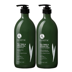 Luseta front bottles showing tea tree set and calming peppermint scent benefits