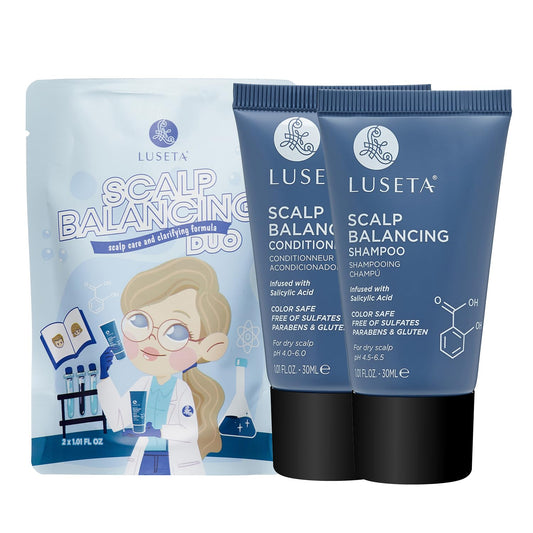 Luseta travel duo front packaging showing compact shampoo and conditioner, convenient for trips