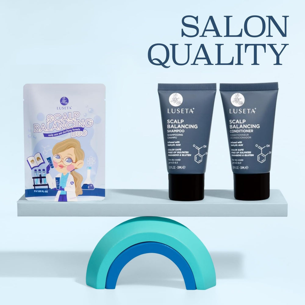 Travel bathroom scene featuring Luseta set ready in a toiletry bag for convenience