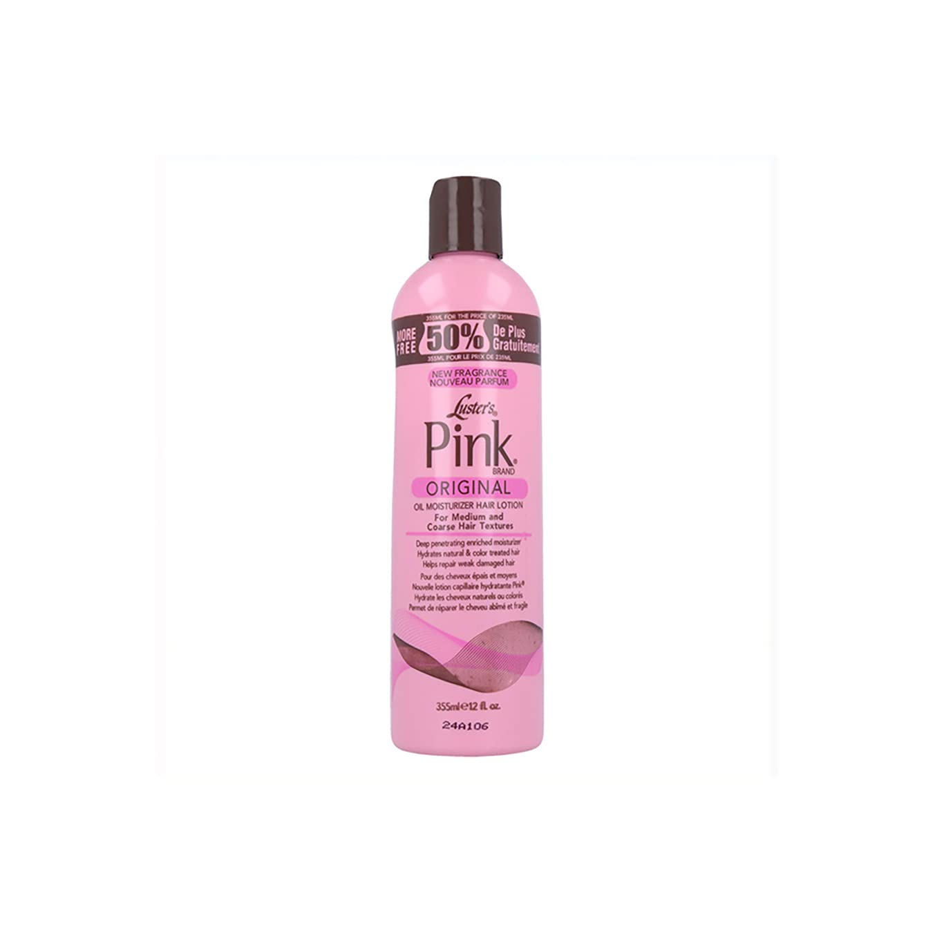 Luster Pink Oil bottle front view showing 12 oz size and protective benefit