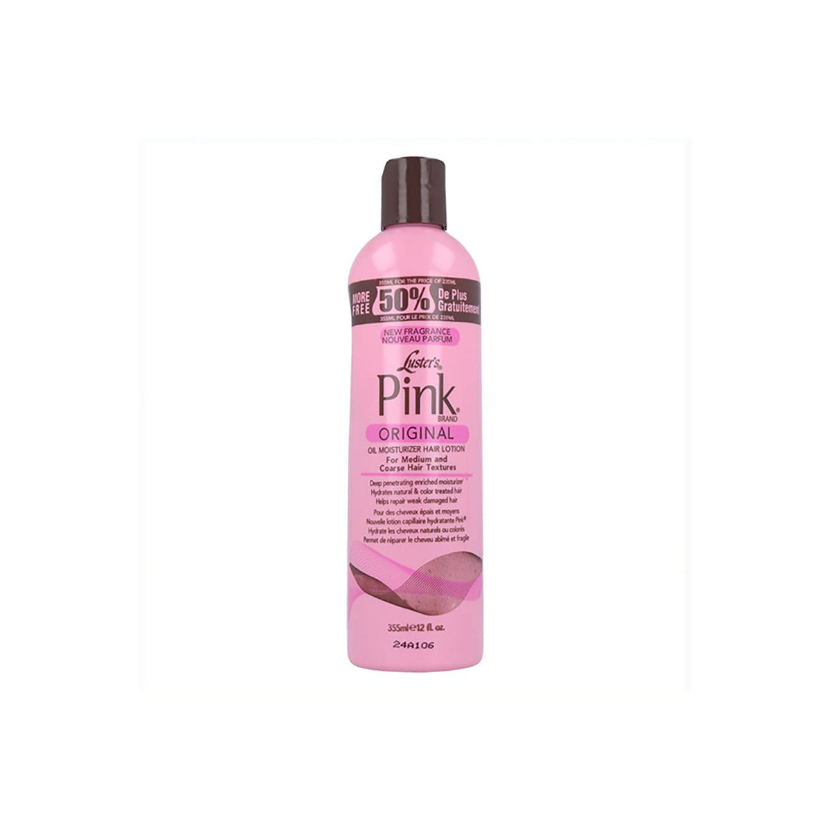 Luster Pink Oil bottle front view showing 12 oz size and protective benefit
