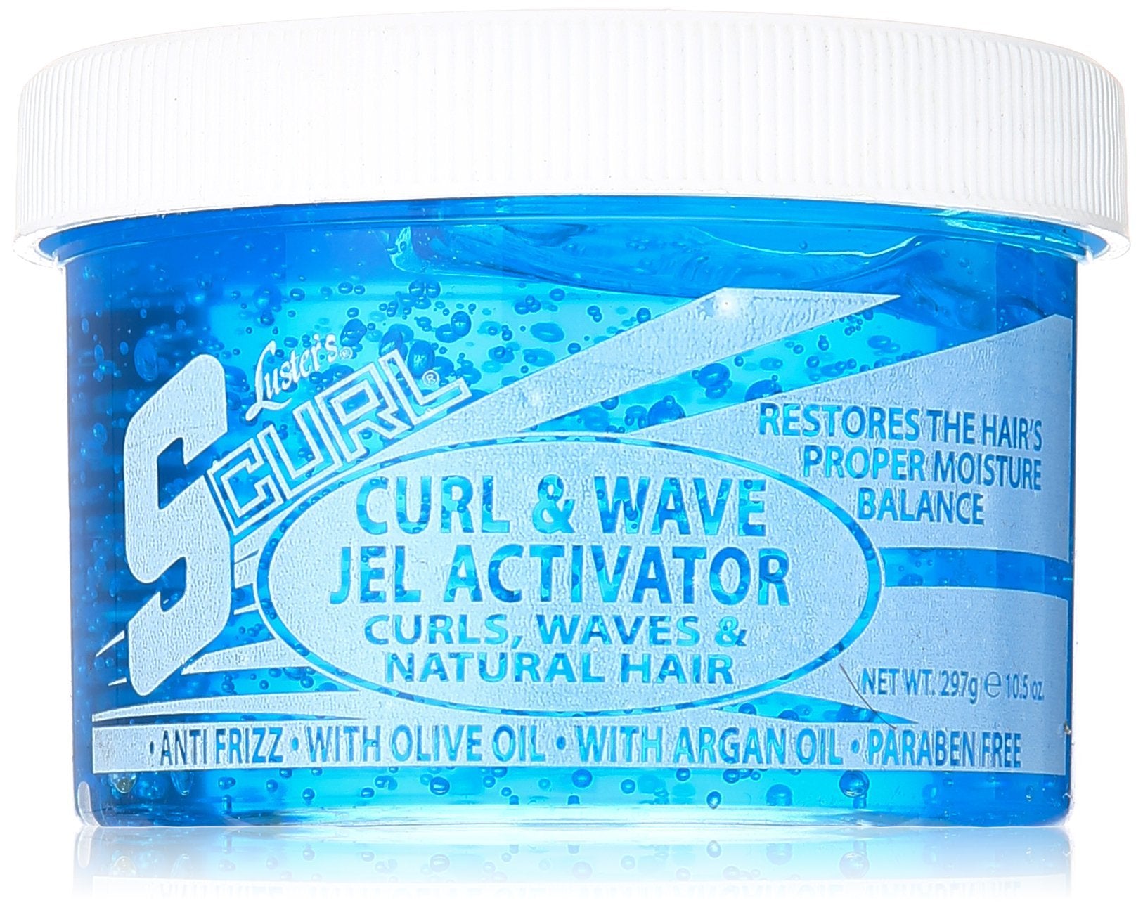 Luster's S Curl front packaging showing 10.5 oz jar and label, clear brand visibility and benefit