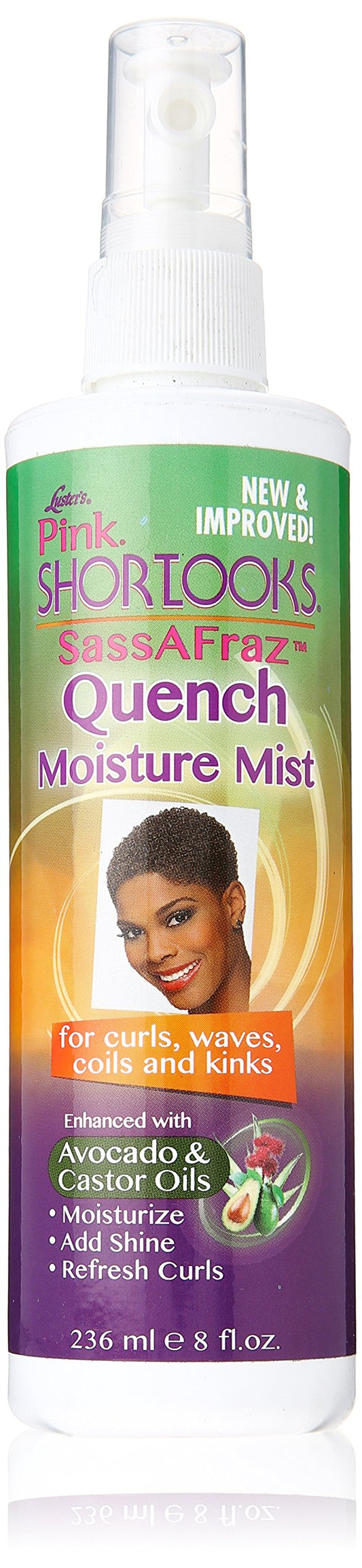 Luster's ShortLooks bottle front view showing label and easy-spray nozzle benefit