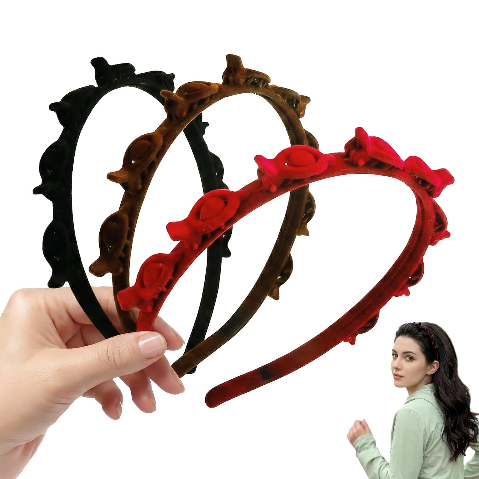 LUSTRIB velvet headbands front packaging showing three colors and neat finish benefit styling versatility