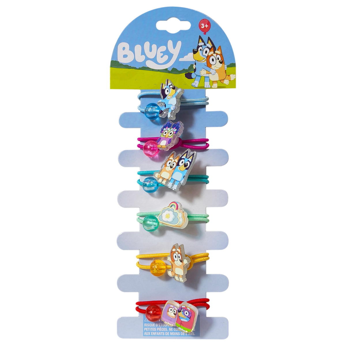 LUV HER front packaging showing six Bluey elastic hair ties, kid-friendly appeal