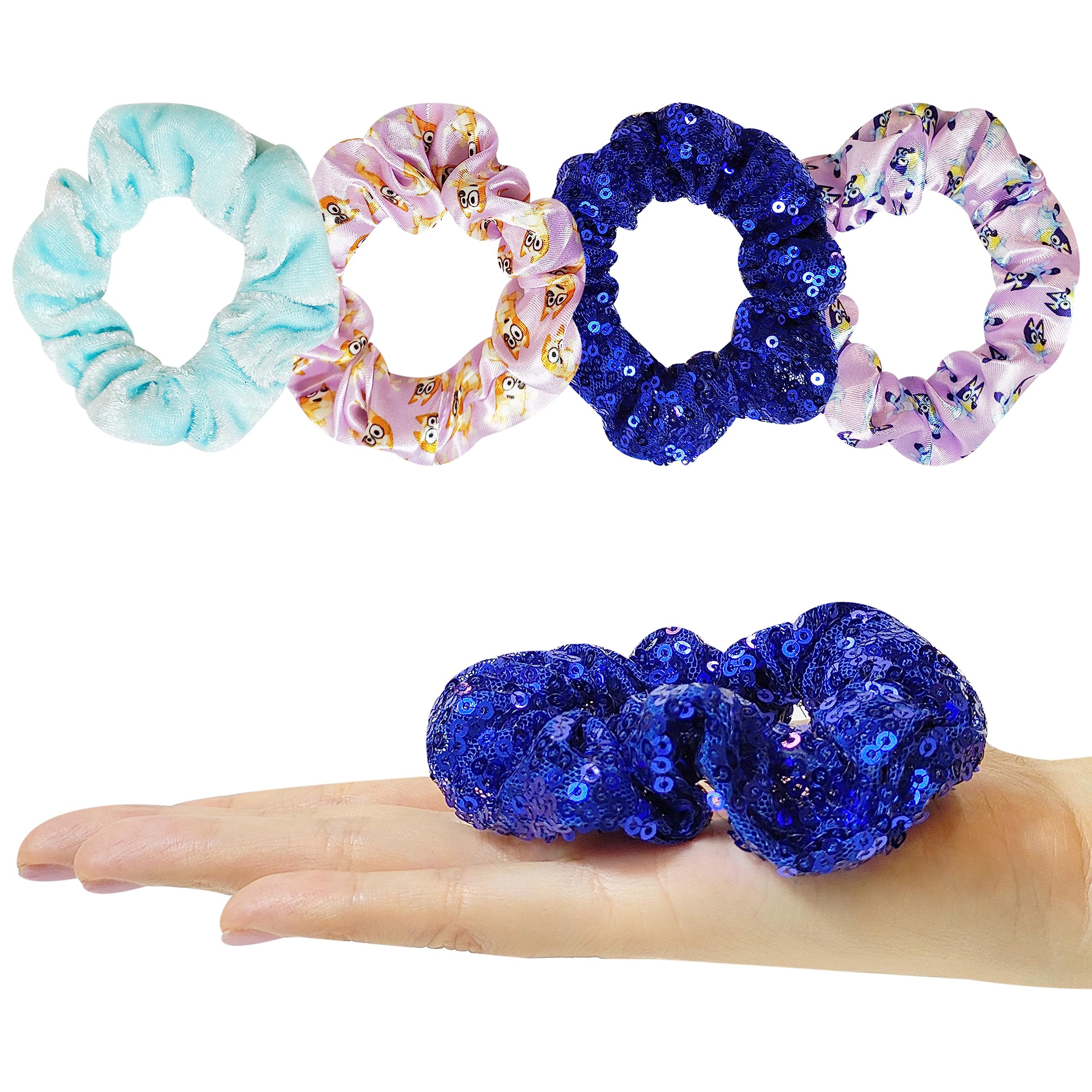 LUV HER Bluey scrunchies stacked four colors offering soft, silk-feel protection for ponytails