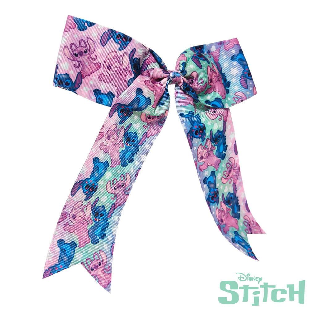 LUV HER fabric close-up showing vivid Stitch print and durable texture benefit
