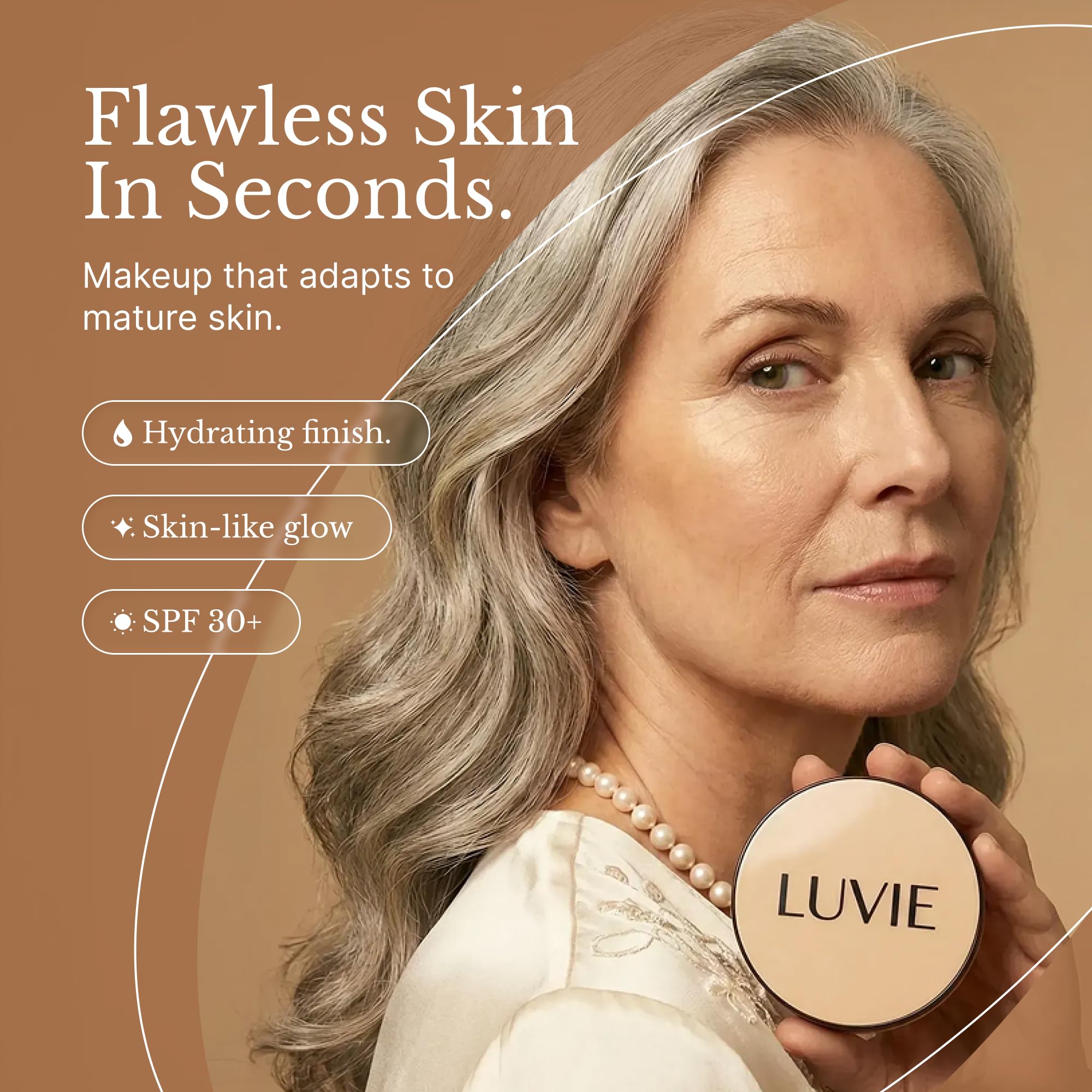 LUVIE open compact with puff showing easy mess-free application benefit