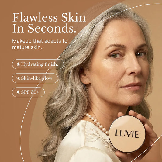 LUVIE open compact with puff showing easy mess-free application benefit