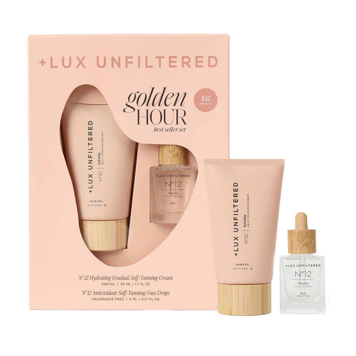 Lux Unfiltered mini golden hour set front box shows travel-ready tanning duo