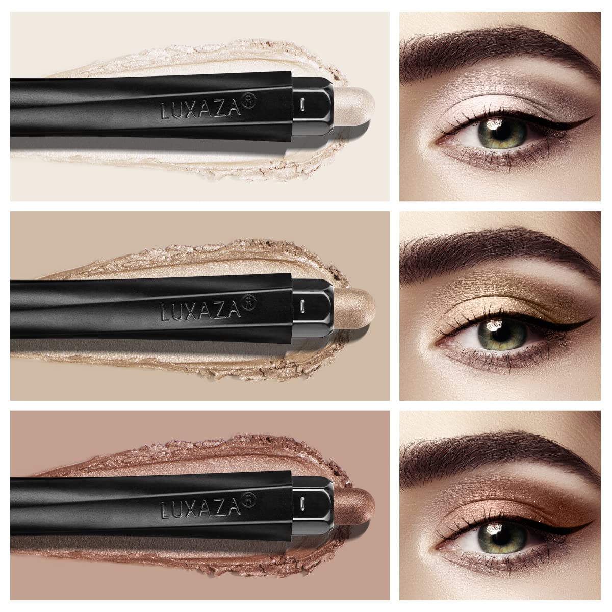 LUXAZA close-up of champagne metallic stick texture, silky blend benefit