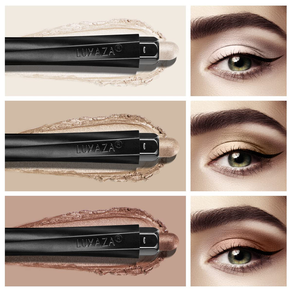 LUXAZA close-up of champagne metallic stick texture, silky blend benefit