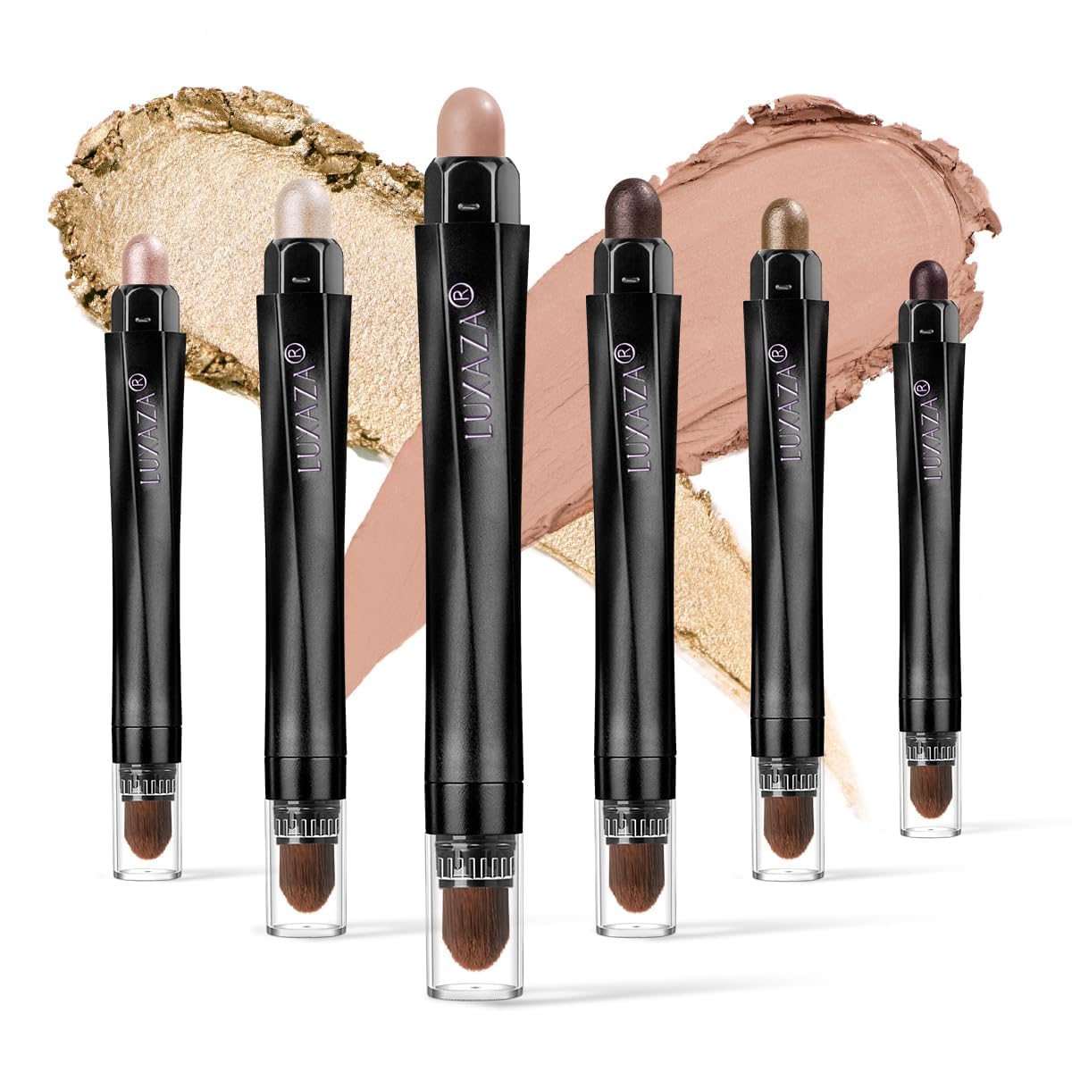 LUXAZA front packaging showing six eyeshadow sticks and coordinated tones, easy selection benefit