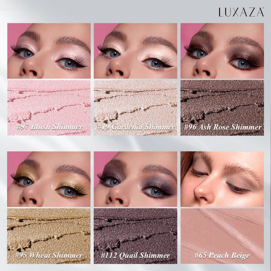LUXAZA sticks arranged open to show metallic and matte tips, quick application benefit