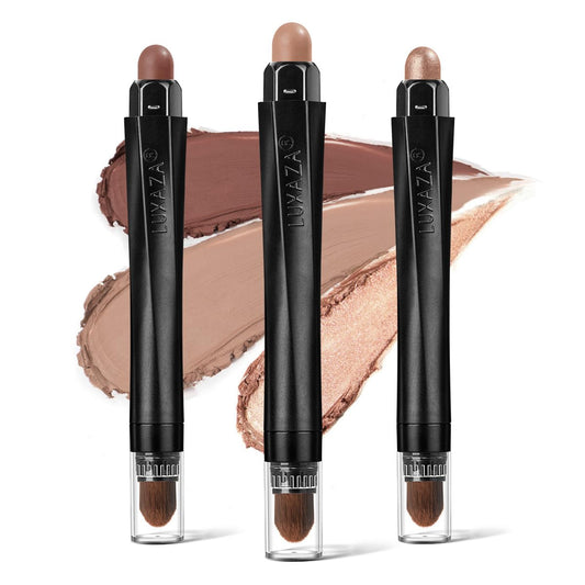 LUXAZA front view of three eyeshadow sticks showing neutral shades and packaging benefits