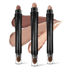 LUXAZA front view of three eyeshadow sticks showing neutral shades and packaging benefits