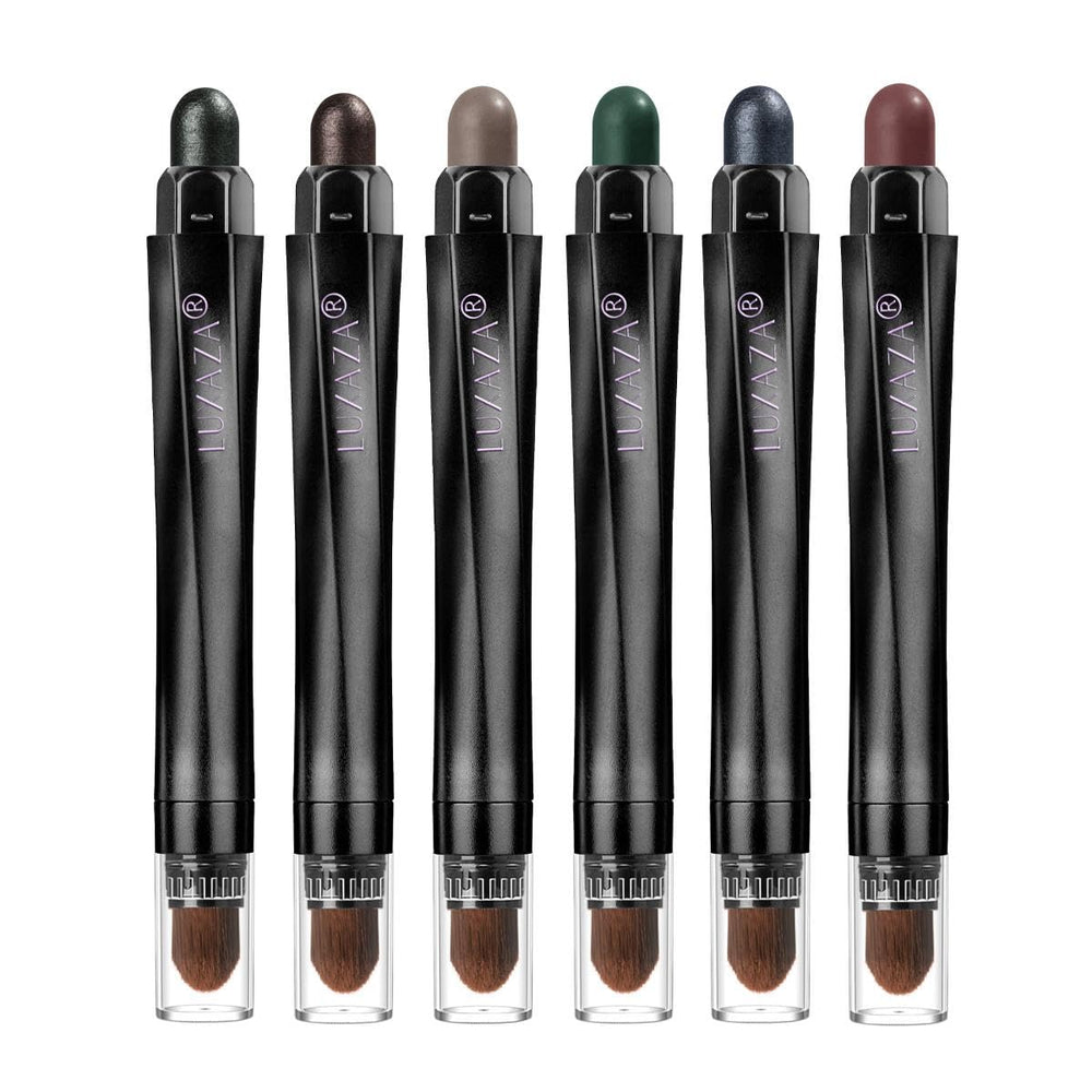 LUXAZA front packaging showing six green eyeshadow sticks and travel-ready benefit