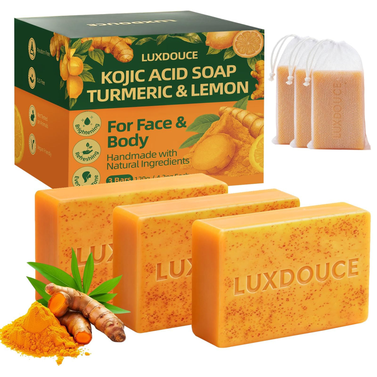 LUXDOUCE front packaging showing three brightening soap bars and benefits