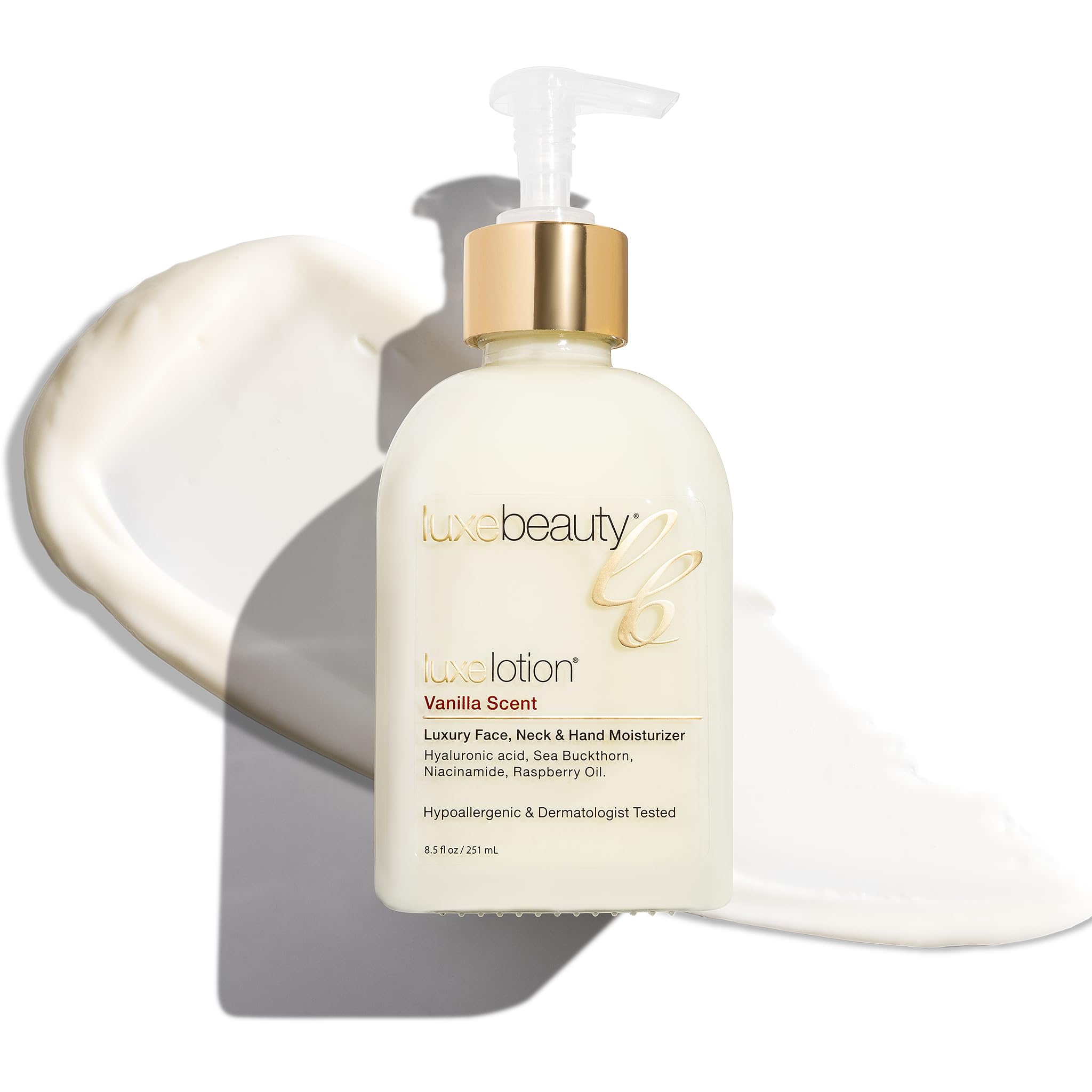 Luxe Beauty front bottle showing vanilla lotion and clean design benefits hydration