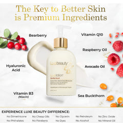 Luxe Beauty label close-up featuring organic seal and ingredient transparency