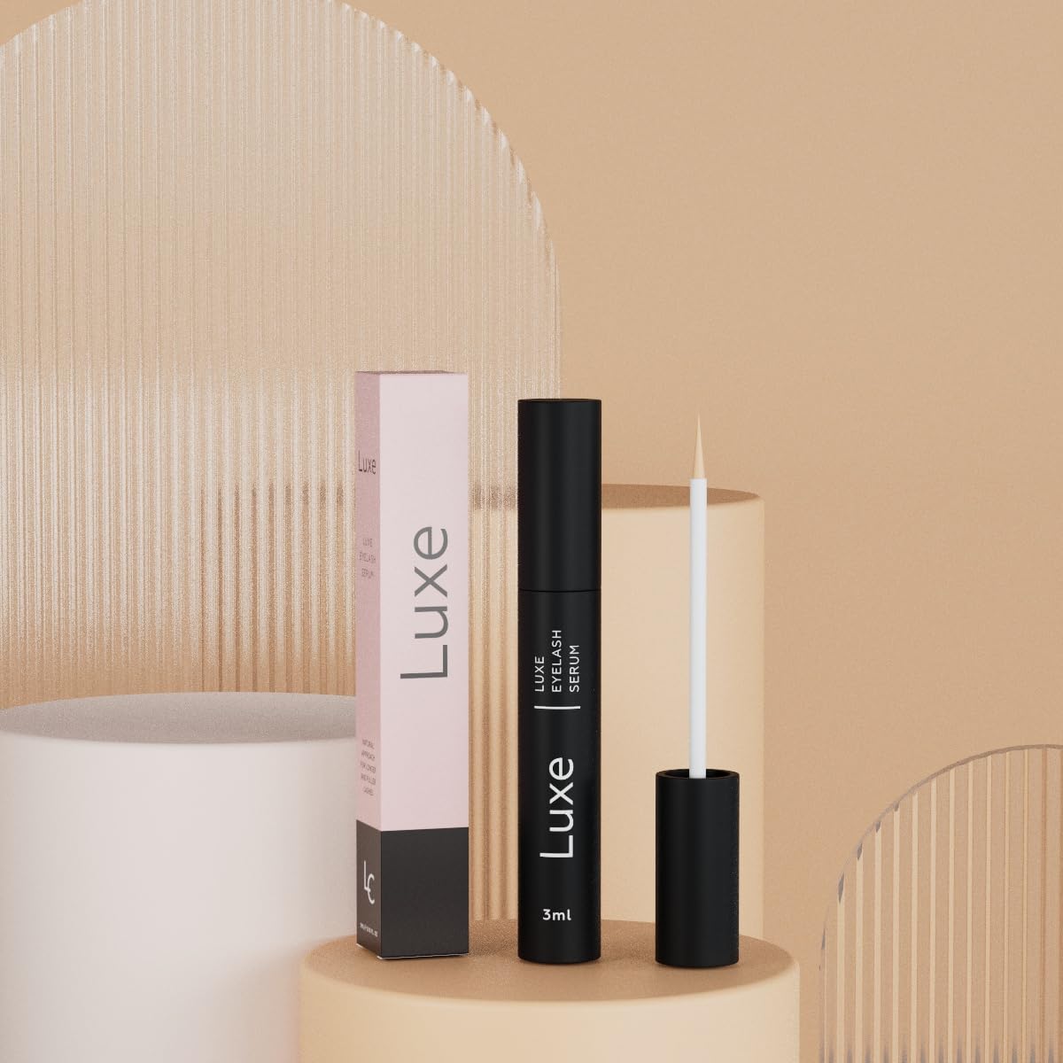 LUXE eyelash serum before and after comparison showing fuller looking lashes over time