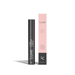LUXE eyelash serum front packaging showing compact 3mL bottle and branding benefits