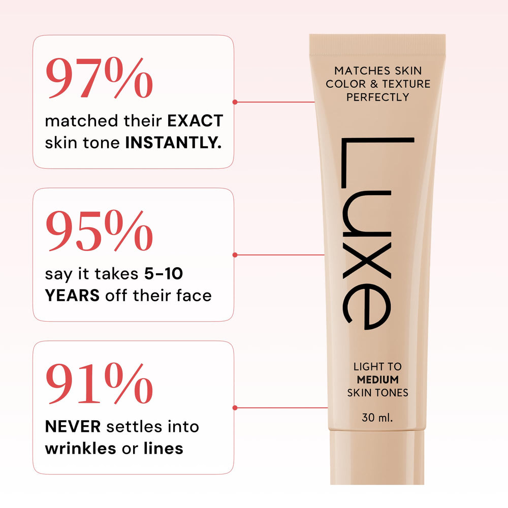 LUXE application on face in mirror illustrating seamless blend and coverage