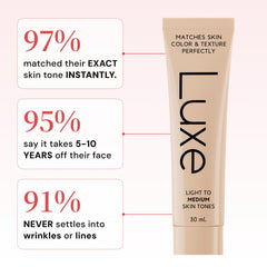 LUXE application on face in mirror illustrating seamless blend and coverage