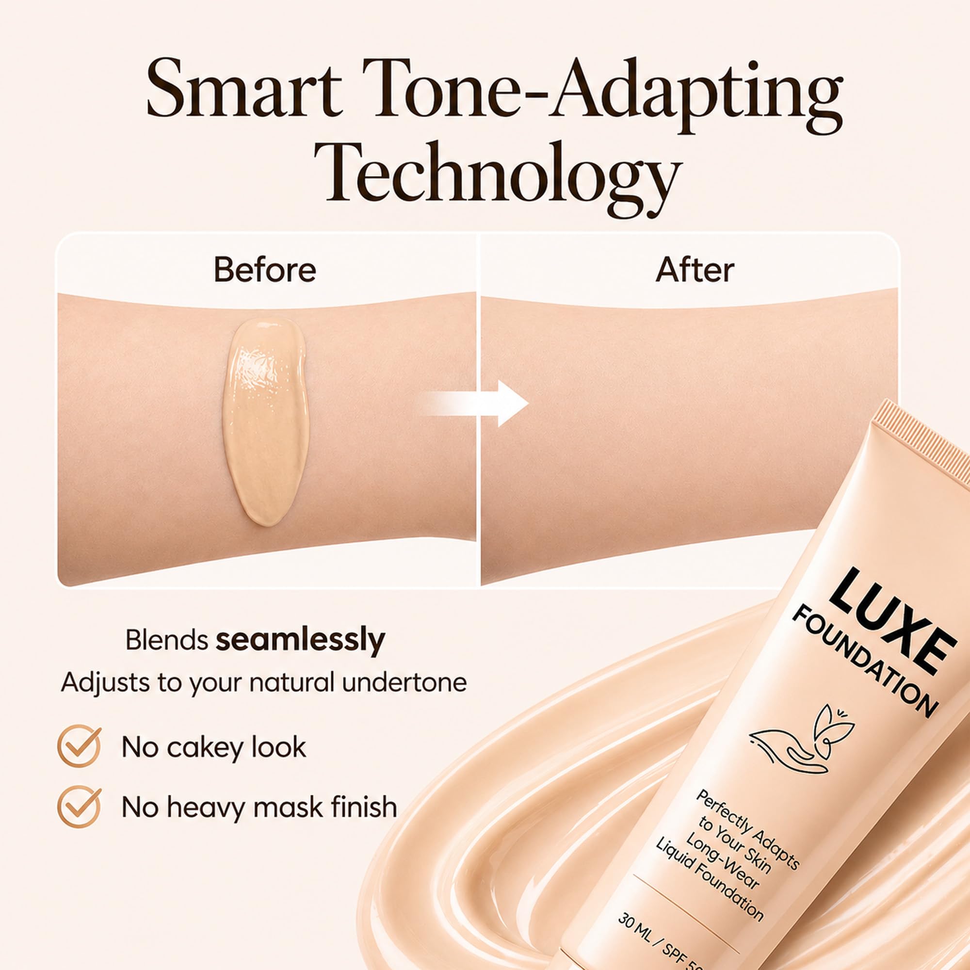 LUXE FOUNDATION being blended with a sponge highlighting seamless coverage