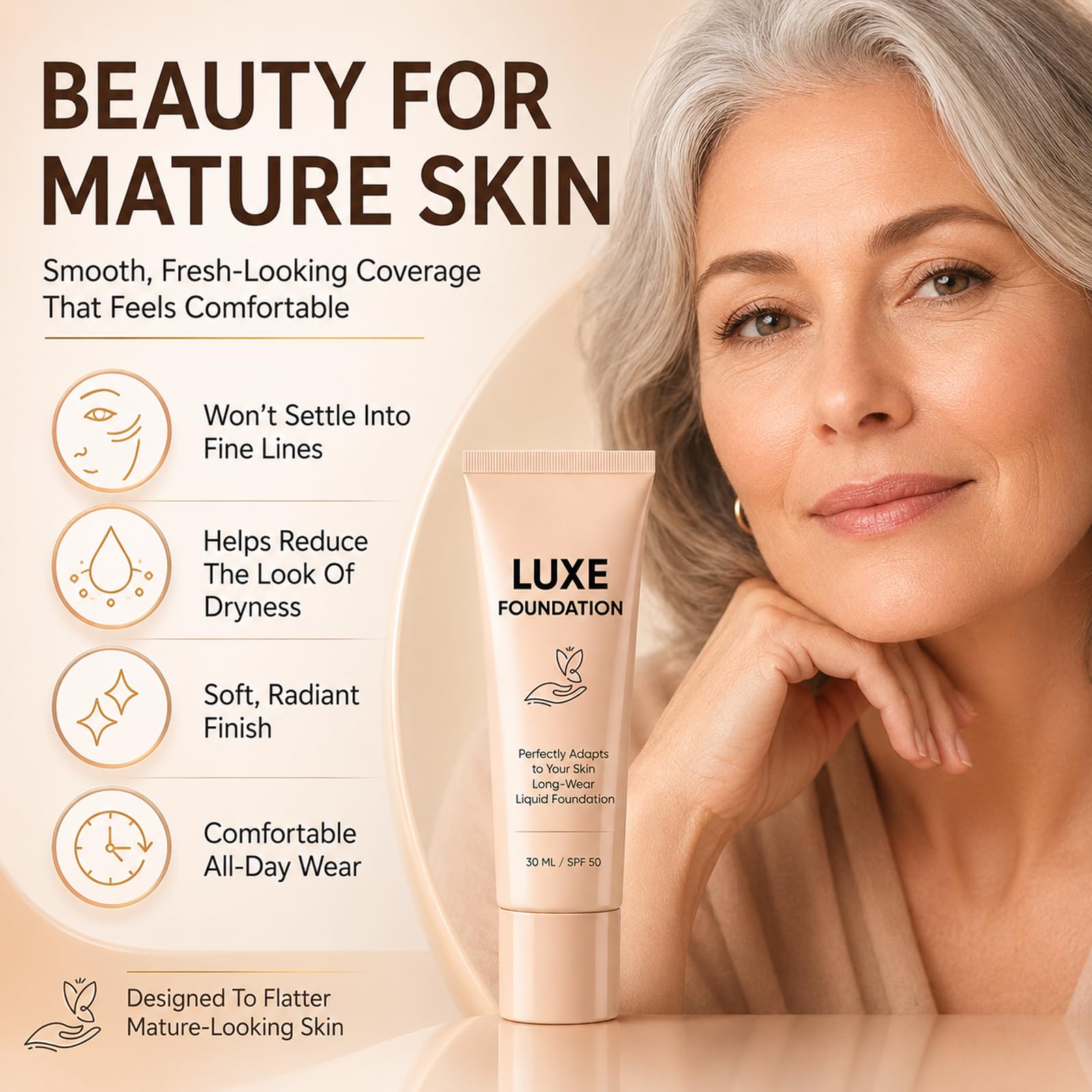 LUXE FOUNDATION with hyaluronic acid visuals indicating hydration benefits