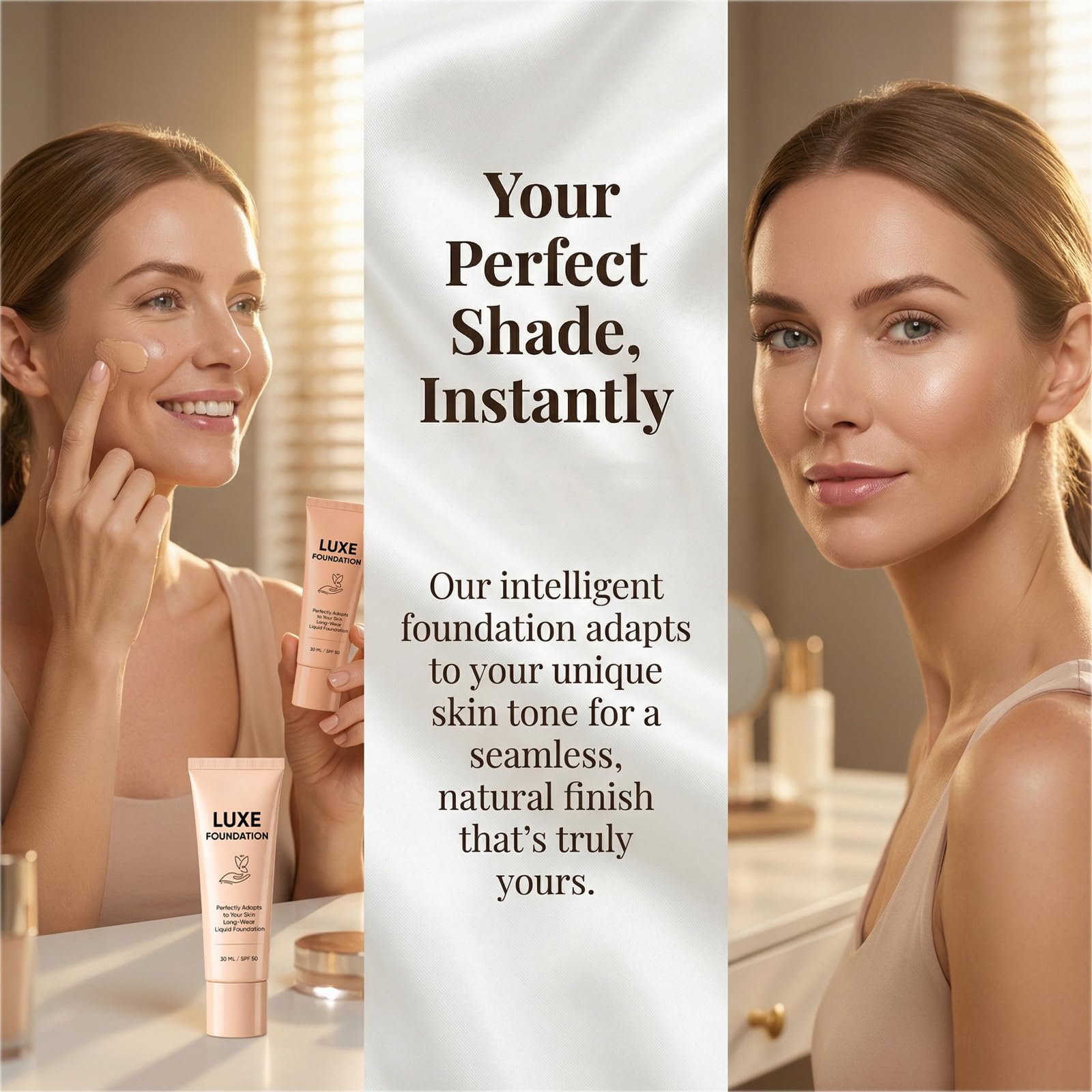 LUXE FOUNDATION label focusing on SPF50 and ingredient clarity benefit