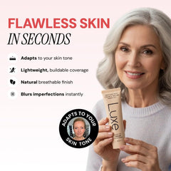 LUXE foundation in a makeup bag on table suggesting everyday convenience