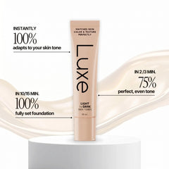 LUXE bottle next to a standard item showing compact travel-friendly size